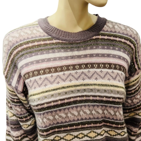Vintage Man Striped Round Neck Sweater Size M Long Sleeves gold threads - Picture 4 of 9